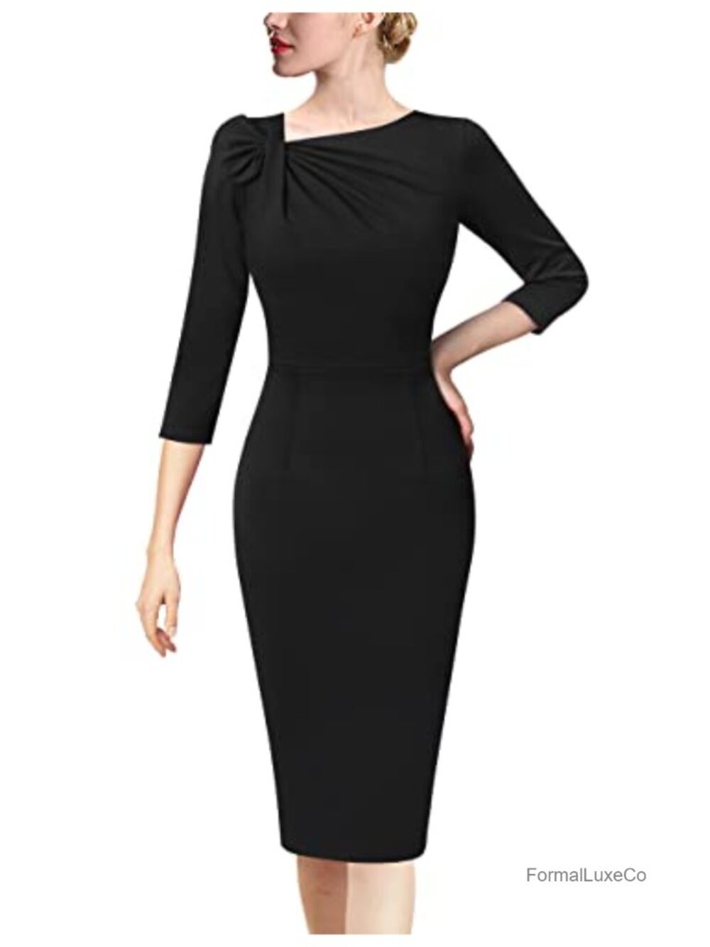 Pleated Asymmetric Bow Neck Work Pencil Dress 3/4 Sleeve